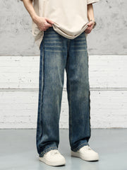 Blue Worn In Wash Extended Side Seam Loose Fit Wide Leg Denim