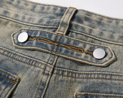 Light Blue Vintage Wash Distressed Multi Button Flare Leg Denim