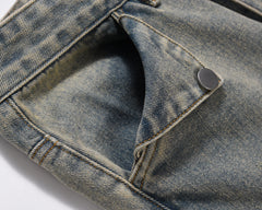 Light Blue Vintage Wash Distressed Multi Button Flare Leg Denim