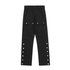 Black Drawstring Waist Front & Side Snap Twill Pants