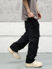 Black Raw Edge Frayed Thread Wide Leg Denim