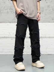 Black Raw Edge Frayed Thread Wide Leg Denim