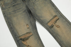 Light Blue Yellow Vintage Wash Ripped & Distressed Knee Slim Leg Denim