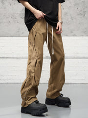 Brown Curved Pleat Snap Flare Leg Parachute Pants