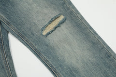 Light Blue Vintage Wash Ripped & Distressed Thread Straight Leg Denim