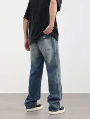 Blue Bleach Worn In Wash Side Stripe Wide Leg Darts Denim