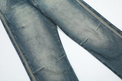 Blue Bleach Worn In Wash Side Stripe Wide Leg Darts Denim