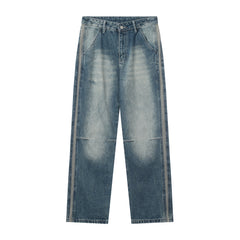 Blue Bleach Worn In Wash Side Stripe Wide Leg Darts Denim