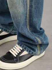 Blue Bleach Worn In Wash Side Stripe Wide Leg Darts Denim