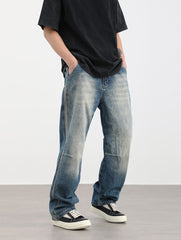 Blue Bleach Worn In Wash Side Stripe Wide Leg Darts Denim