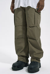 Army Green 3D Knee Gusset Snap Cargo Wide Leg Ripstop Pants