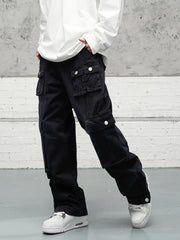 Black Vintage Wash Multi-Pocket Snap Flare Leg Heavyweight Twill Pants