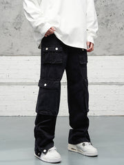 Black Vintage Wash Multi-Pocket Snap Flare Leg Heavyweight Twill Pants