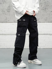 Black Vintage Wash Multi-Pocket Snap Flare Leg Heavyweight Twill Pants