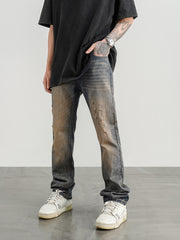 Blue Worn In Wash Distressed Rips Flare Leg Denim