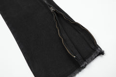 Black Vintage Wash Raw Hem Stacked Zip Flare Leg Denim