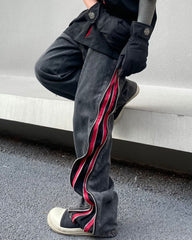 Black Stone Wash Red Stripe Dual Side Zip Stacked Wide Leg Denim