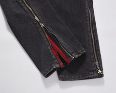 Black Stone Wash Red Stripe Dual Side Zip Stacked Wide Leg Denim