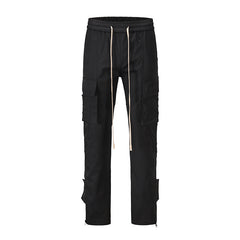 Black Multi Velcro Flap & Strap Zip Flare Leg Cargo Pants