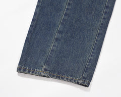Blue Vintage Wash Curved Panel Zip Pocket Loose Fit Denim