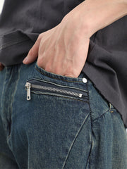 Blue Vintage Wash Curved Panel Zip Pocket Loose Fit Denim