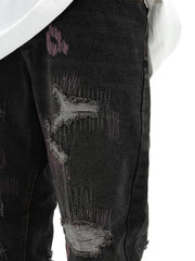 Black Distressed Ripped Thread Purple Stitch Straight Leg Denim
