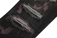 Black Distressed Ripped Thread Purple Stitch Straight Leg Denim