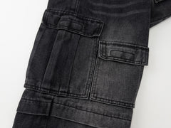 Black Vintage Wash Velcro Multi Pocket Loose Fit Cargo Denim