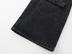 Black Vintage Wash Velcro Multi Pocket Loose Fit Cargo Denim