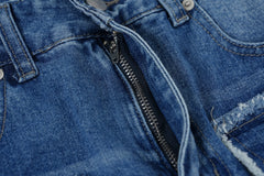 Blue Raw Edge Multi Flap Pocket Ripped Stacked Flare Leg Denim