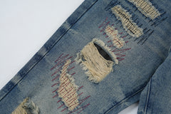 Light Blue Vintage Wash Ripped Thread Raw Stitch Flare Leg Denim