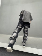 Black Bleach Wash Double-Front Lined Patch Work Stacked Straight Leg Denim