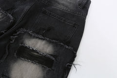 Black Bleach Wash Double-Front Lined Patch Work Stacked Straight Leg Denim