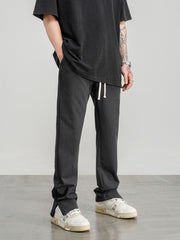 Dark Grey Drawstring Waist Zip Split Hem Linen Pants