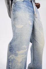 Blue Digital Washed & Distressed Print Wide Leg Denim