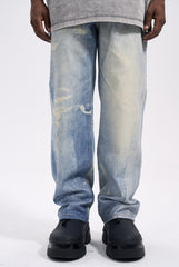 Blue Digital Washed & Distressed Print Wide Leg Denim