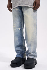 Blue Digital Washed & Distressed Print Wide Leg Denim