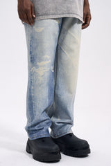 Blue Digital Washed & Distressed Print Wide Leg Denim