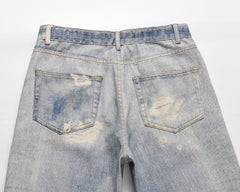 Blue Digital Washed & Distressed Print Wide Leg Denim