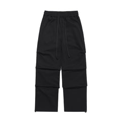 Black Drawstring Waist Double Knee Pleat Sweatpants