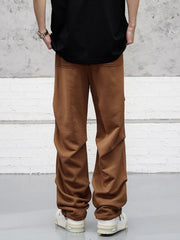 Brown Drawstring Waist Double Knee Pleat Sweatpants