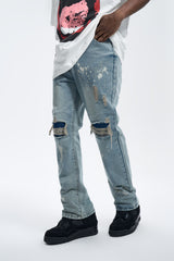 Light Blue Ripped Indigo Patched Paint Drip Straight Leg Denim