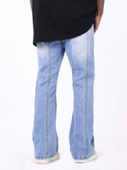 Light Blue Worn In Wash Seam Stripe Flare Leg Denim