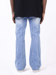 Light Blue Worn In Wash Seam Stripe Flare Leg Denim