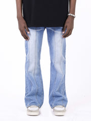 Light Blue Worn In Wash Seam Stripe Flare Leg Denim