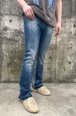 Blue Worn In Wash Ink Splash Flare Leg Denim