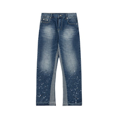 Blue Worn In Wash Ink Splash Flare Leg Denim