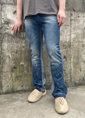 Blue Worn In Wash Ink Splash Flare Leg Denim