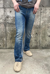 Blue Worn In Wash Ink Splash Flare Leg Denim