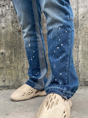 Blue Worn In Wash Ink Splash Flare Leg Denim